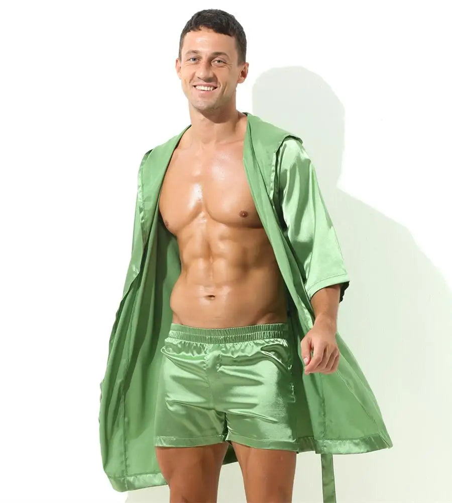 Sexy Nachtwäsche Herren Bademäntel Weich Seidig Kurzarm-Nachthemd Herren Hauskleidung Morgenmantel Herren Schlafanzug (Ohne Shorts)
