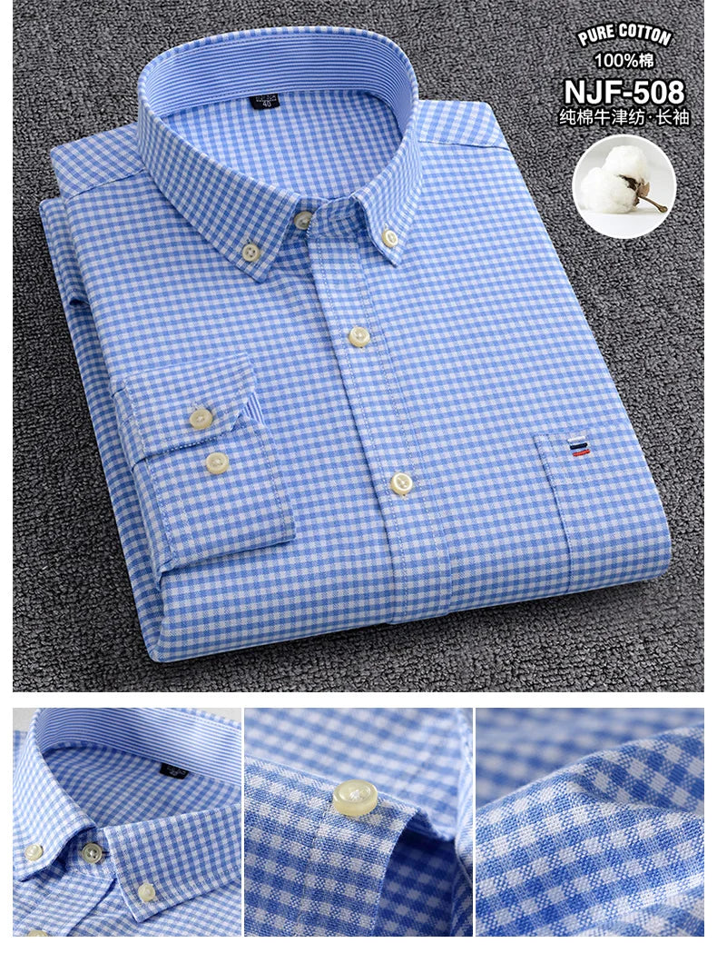100-220 catties Plus Size Men's Shirt 100% Cotton Long Sleeve Business Casual All Oxford Spinning Plus Size Plaid Shirt
