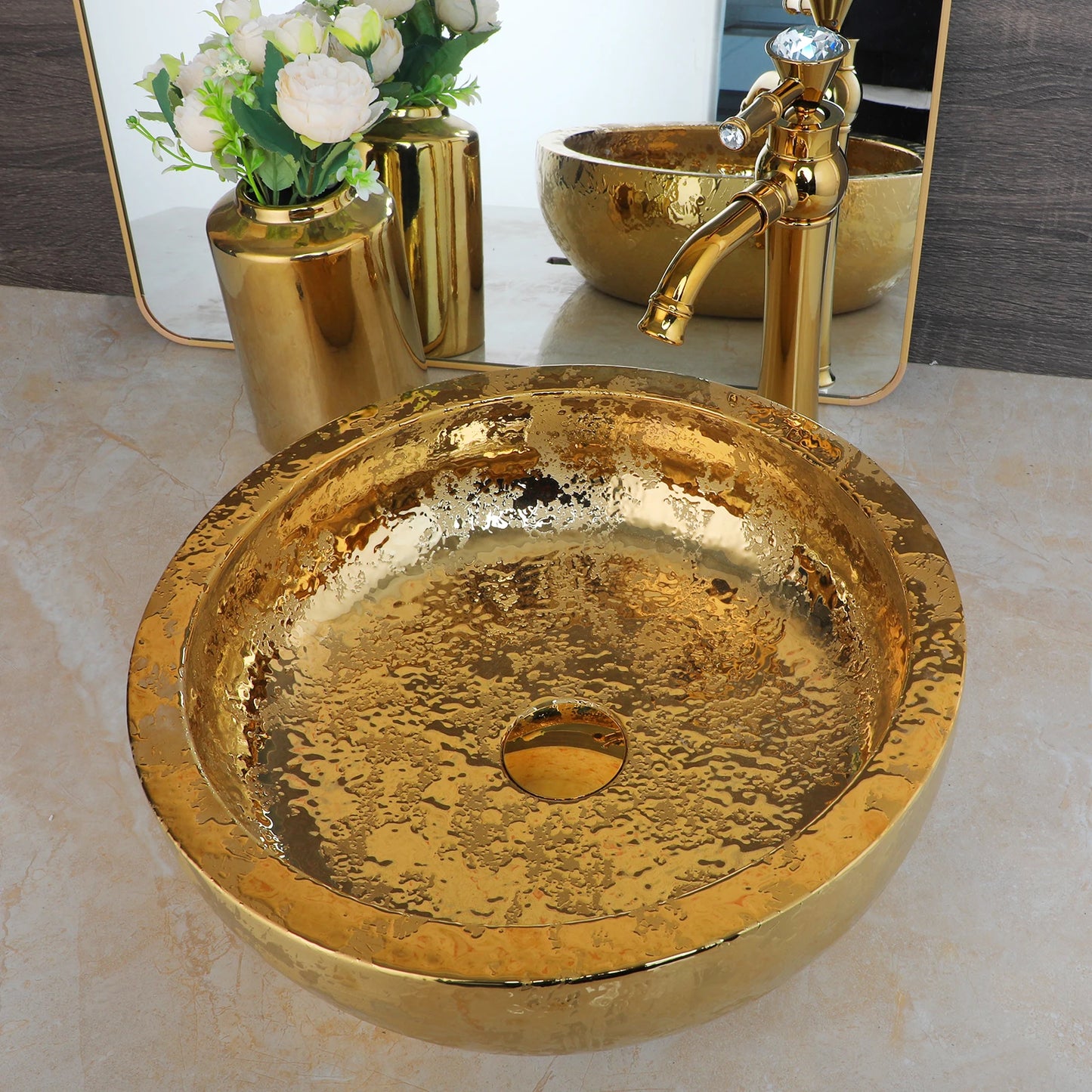 Lavabo de salle de bain KEMAIDI en céramique doré avec robinet Lavabos de salle de bain en porcelaine à poser sur le comptoir Lavabos de luxe pour salles de bain