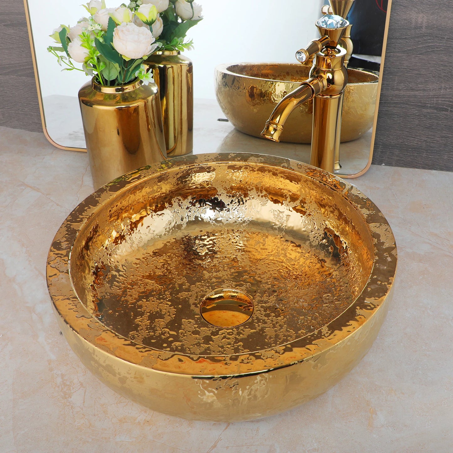 KEMAIDI Keramik-Waschtisch Gold mit Wasserhahn Porzellan-Waschbecken Aufsatzwaschbecken Luxus-Waschbecken für Badezimmer