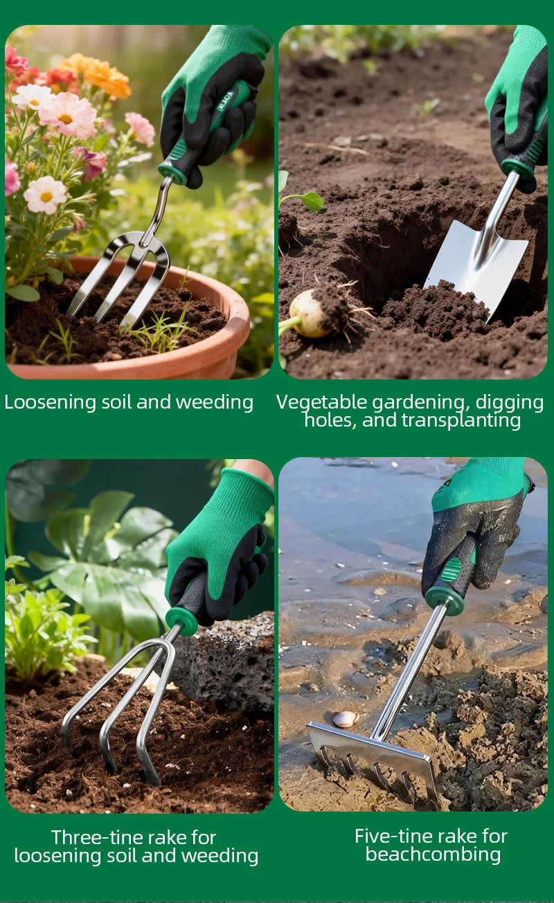 LAOA Multi-Function Garden Tools Collection, Planting Shovel, Soil Rake, Weeding Fork, All-in-One Garden Care Set
