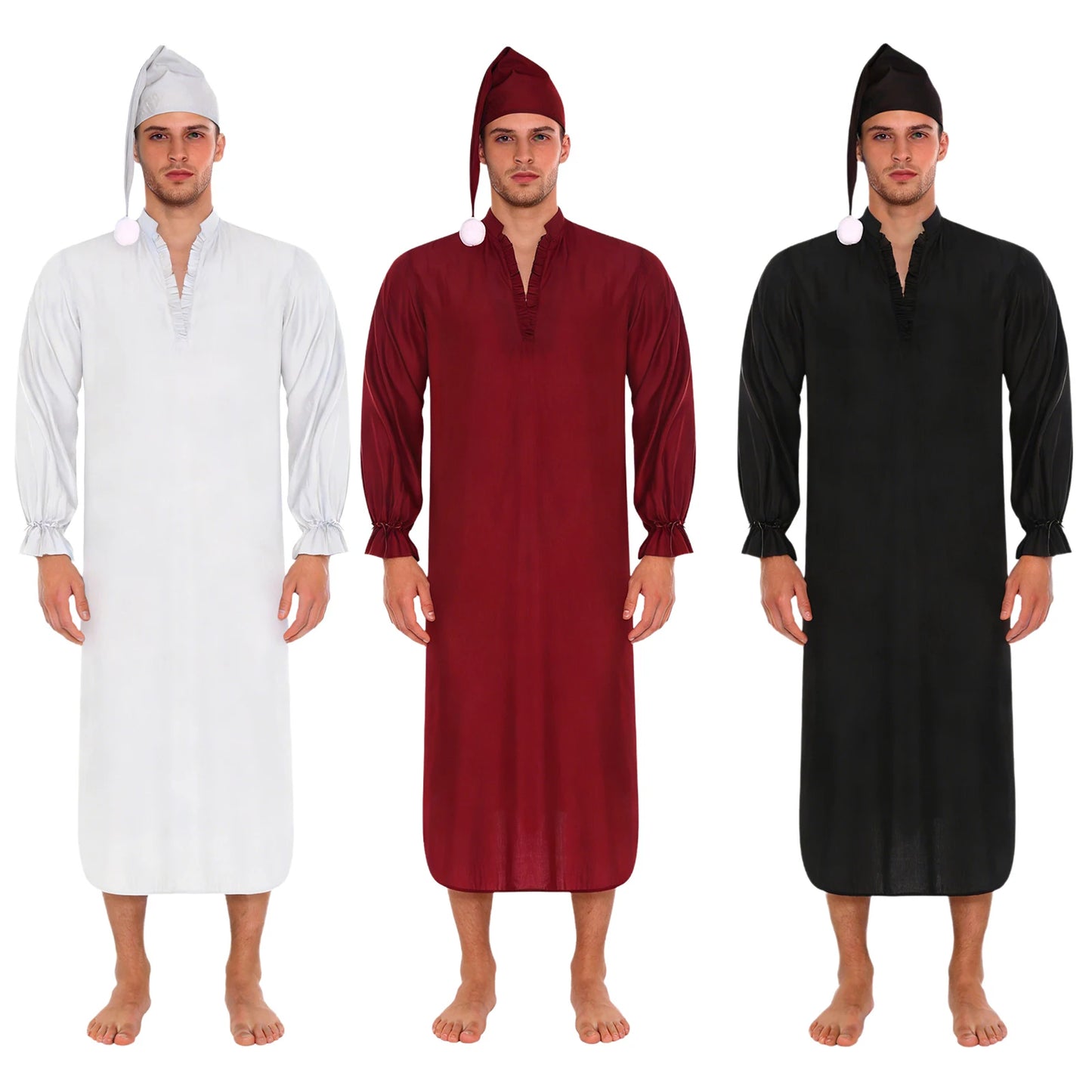 Herren Vintage Nachthemd Schlafanzug mit Schlafmütze V-Ausschnitt Rüschenbesatz Langarm mit Kordelzugbündchen Lockeres Schlafkleid