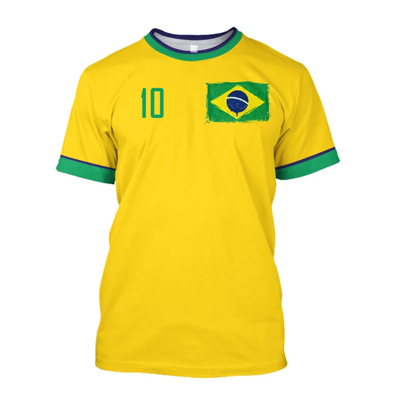 T-shirts de football Brésil Simples Mode d'été Manches courtes T-shirts imprimés drapeau brésilien 3D Hauts de sport décontractés Vêtements pour hommes