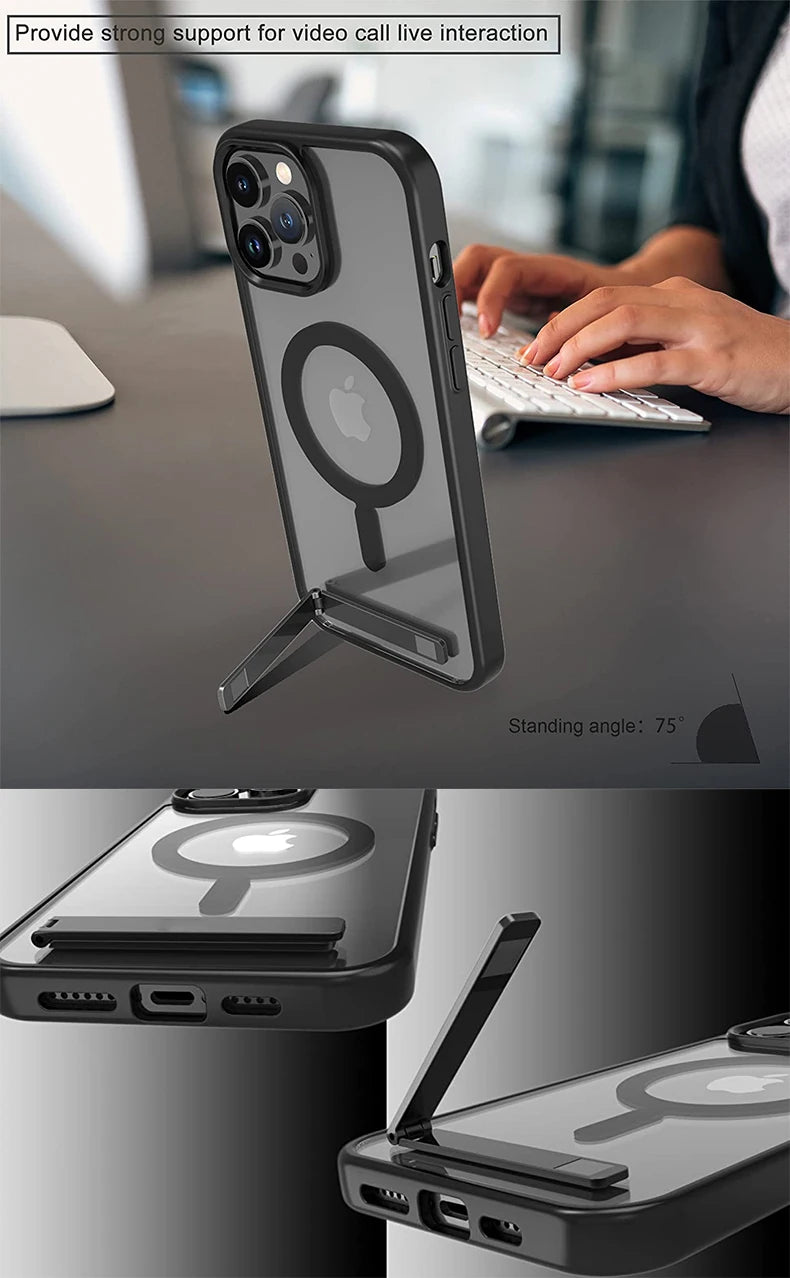 Magnetic Mobile Phone Case with Stand for iPhone 17 16 14 Plus 15 13 Pro Max 12 11 Cases Protective Apple Cover with Kickstand