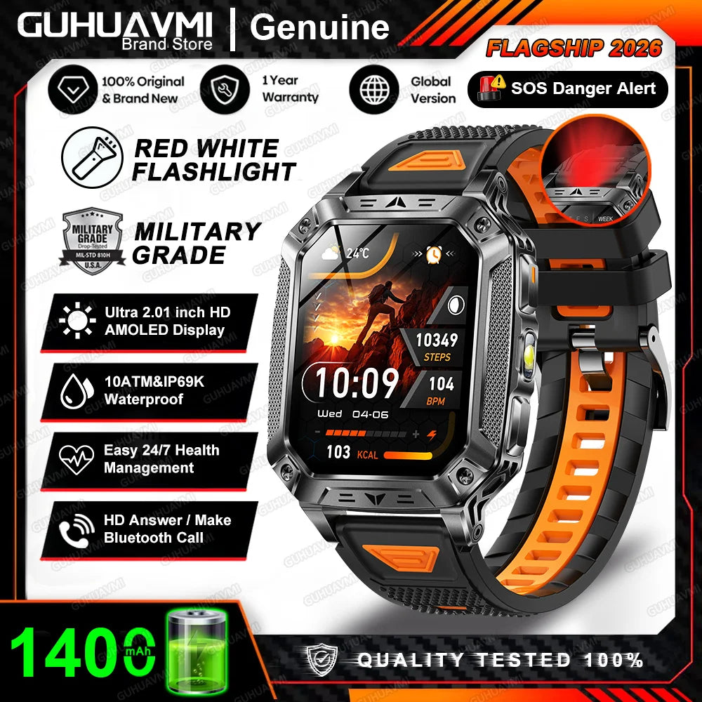 Montre connectée homme 2026 avec batterie ultra-large intégrée de 1400 mAh, GPS extérieur, écran AMOLED de 2,01", étanche 10 ATM, appel BT