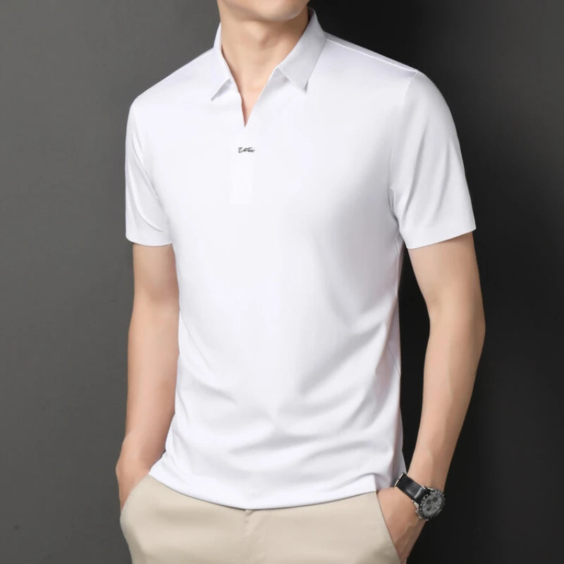 Polo 2024 de haute qualité, extensible et élastique, Chemise à manches courtes pour hommes, style décontracté, Col en V sans coutures, Polo pour hommes M-4XL