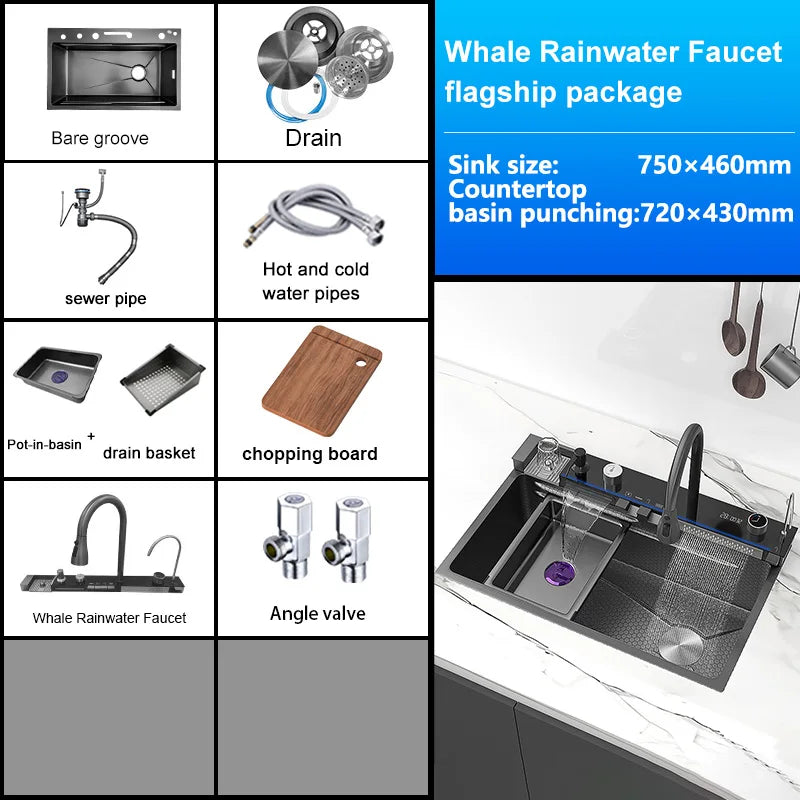 Évier de cuisine multifonction en acier inoxydable avec affichage numérique intelligent, grand bac unique et robinet cascade pour le lavage des légumes