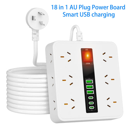 18 in 1 Desktop Power Board with 3 USB-A and 3 Type-C, Mulit plug Sockets Widely Outlets, 1.8M Extension Cord for Australia NZ