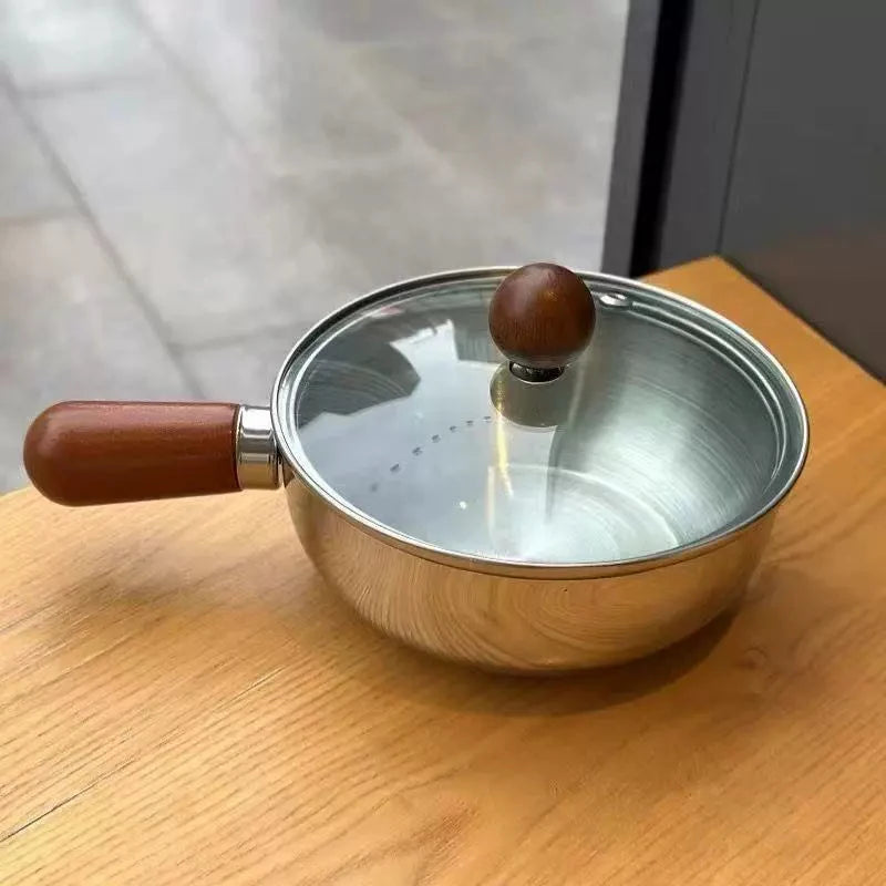 1 mini-casserole en acier inoxydable avec poignée en bois, compacte et multifonctionnelle pour chauffer le lait, frire les œufs, pour la maison et la cuisine