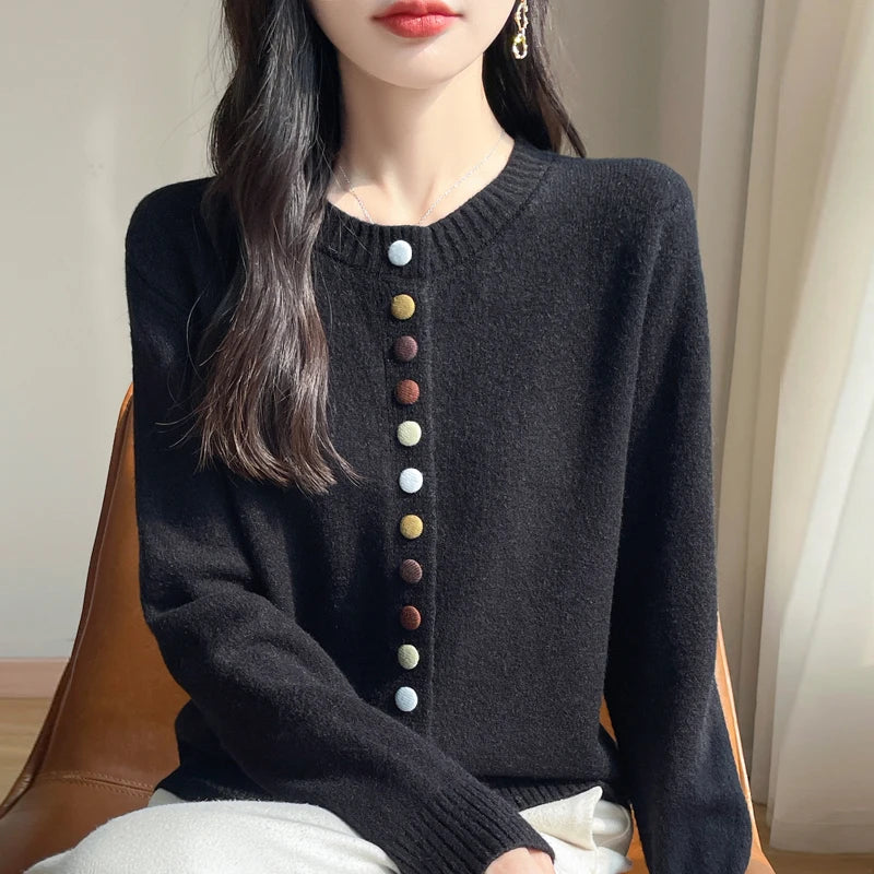 Cardigans Femme, Gilet Tricoté Chaud et Épais Boutonné à Col Rond Manches Longues pour l'Automne et l'Hiver, Haut de Chemise de Base