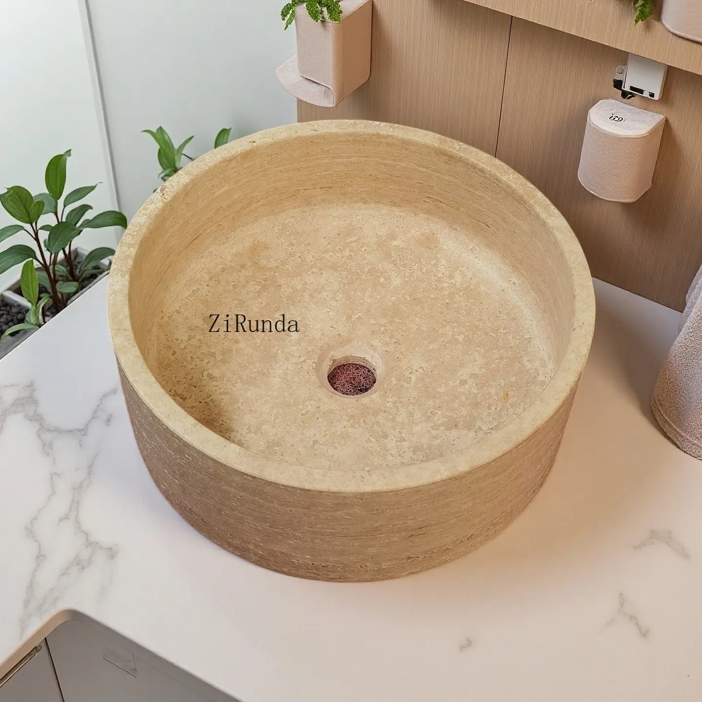 Natural travertine Turkish beige cylindrical wash basin stone platform basin simple sink