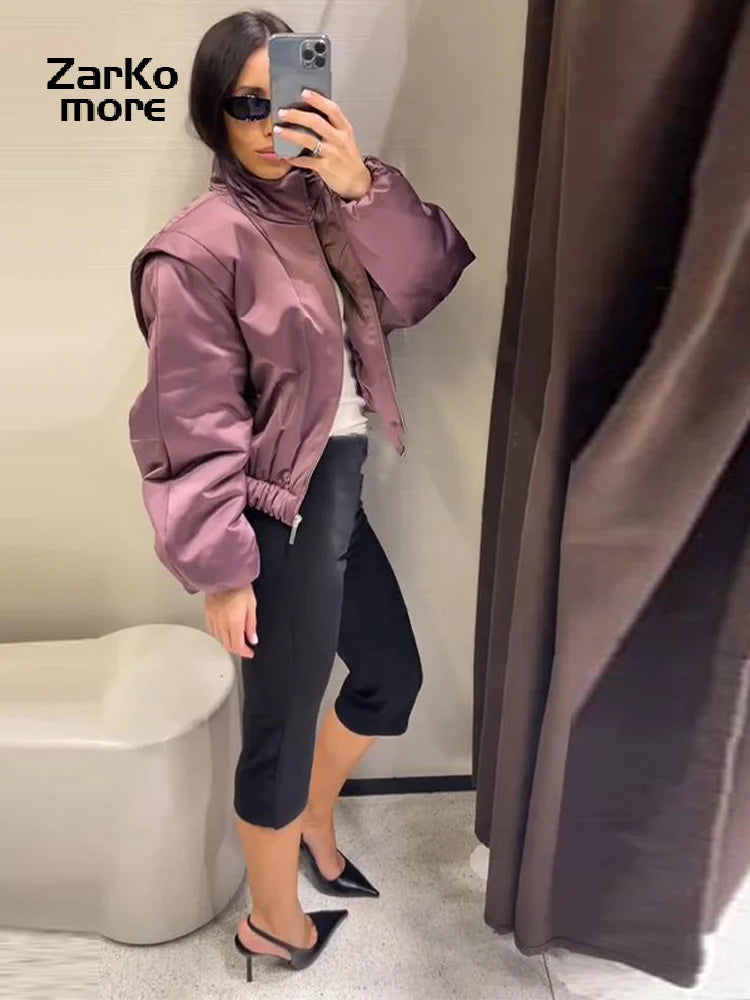 Fashion Y2K Satin Bomberjacke Damen Malve Puffärmel Cropped Reißverschluss Freizeit Jacke 2026 Frühling Lady Chic Street Mäntel Neu
