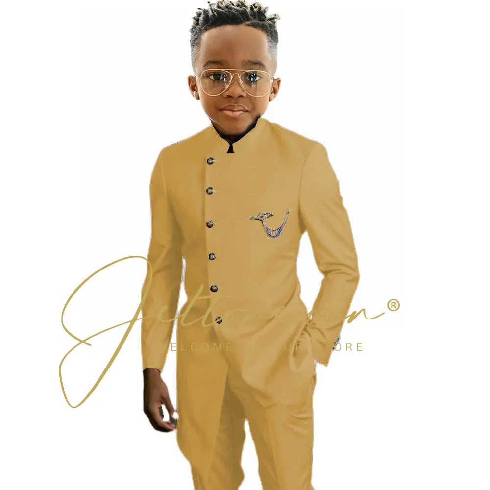 Königsblaues afrikanisches Design Jungen-Anzüge Set für Hochzeit Formeller Smoking Kinder Kostüm Klavieraufführung Maßgeschneiderte Kinder