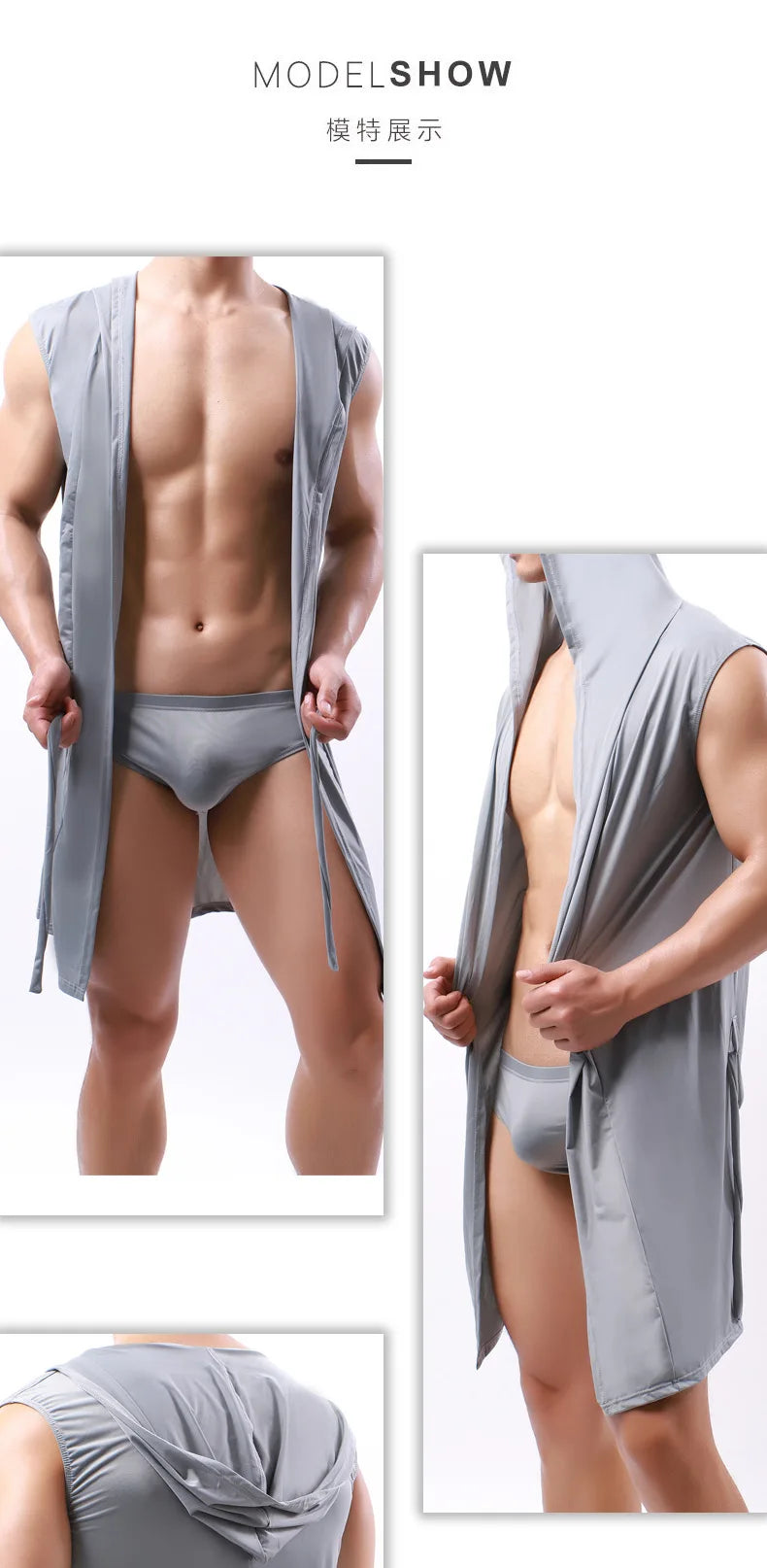 Sexy Nachtwäsche Herren Bademäntel Weich Seidig Ärmelloses Nachthemd Herren Homewear Morgenmantel Herren Pyjamas (Keine Shorts)
