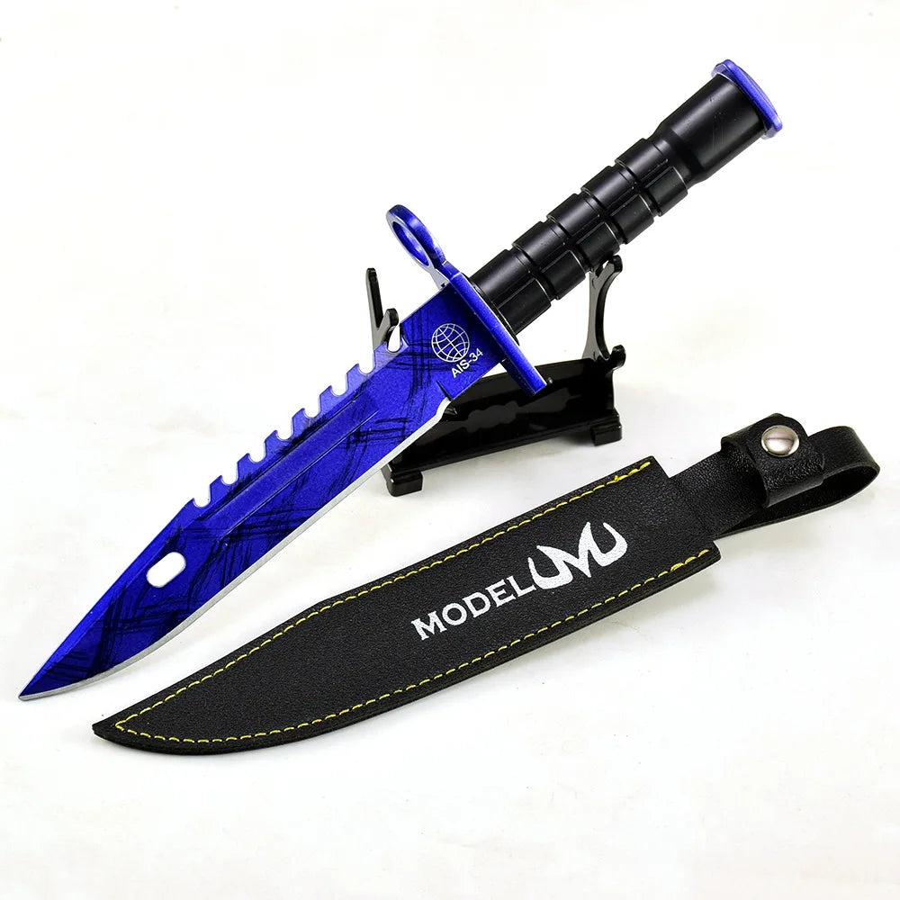 Couteau katana M9 Doppler bleu en cuir de 26cm/10.23in, pendentif de jeu, modèle d'arme en métal, accessoire de cosplay, ornements artisanaux, cadeaux