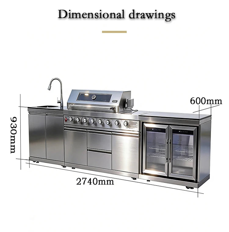 Cuisines d'extérieur modernes modulaires fonctionnelles en acier inoxydable avec grill, plaques de cuisson, évier, réfrigérateur et LED pour patio et jardin.
