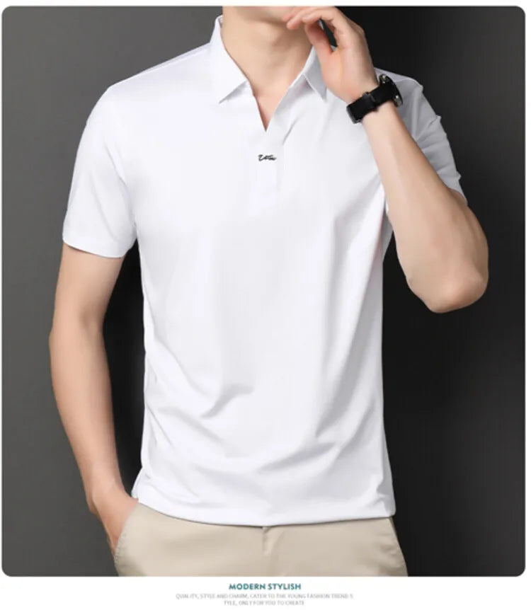 Polo 2024 de haute qualité, extensible et élastique, Chemise à manches courtes pour hommes, style décontracté, Col en V sans coutures, Polo pour hommes M-4XL