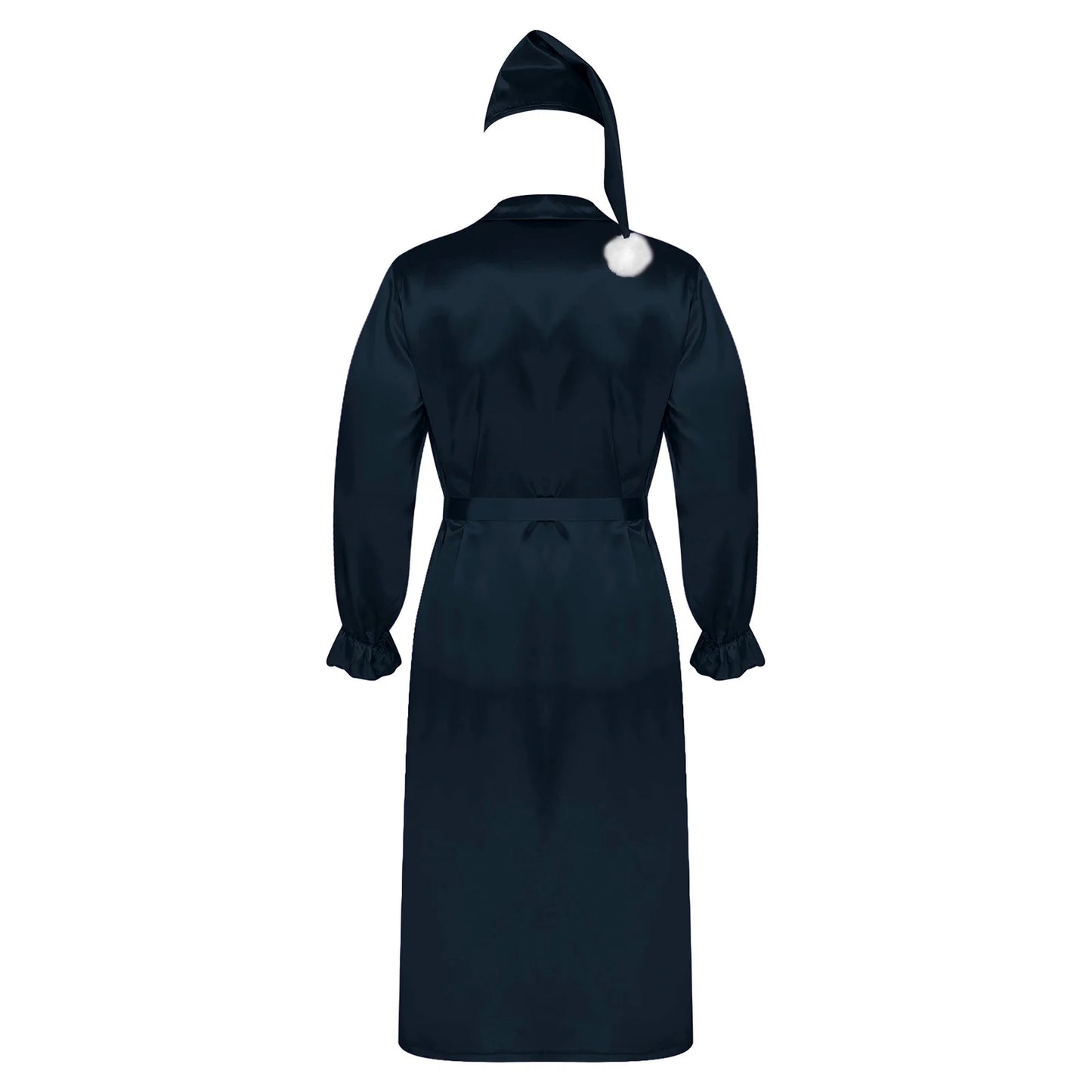 Herren Sissy Pyjama Satin-Nachtwäsche Nachthemd mit Schlafhaube Langarm Rüschenmanschetten Plissierter Brustumhang mit Gürtel Vintage