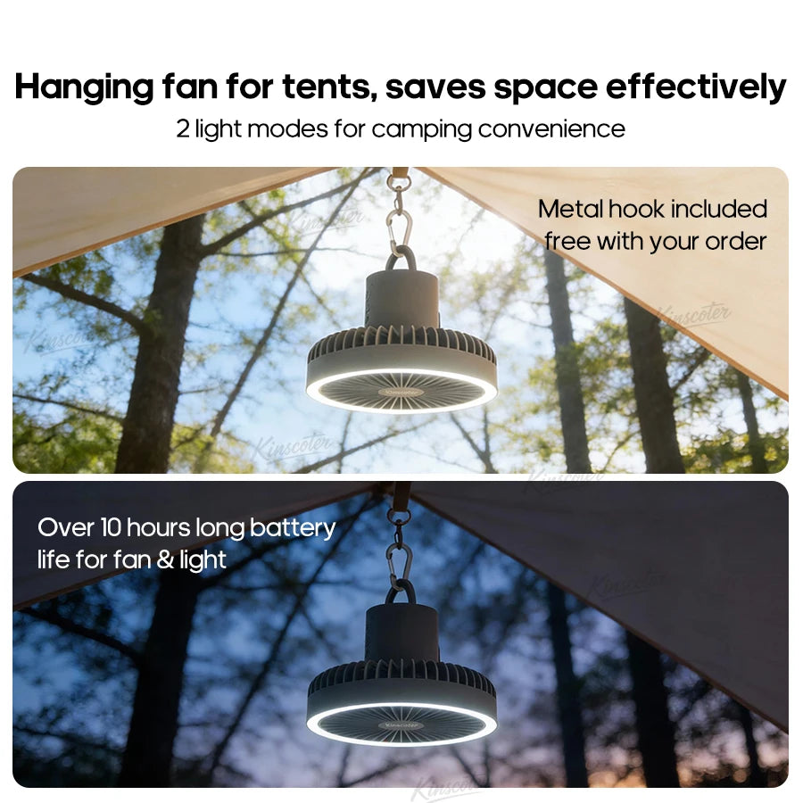10000mAh 4000mAh Camping-Ventilator Wiederaufladbarer Tischventilator Tragbarer Zirkulator Kabelloser Deckenventilator mit Powerbank LED-Beleuchtung