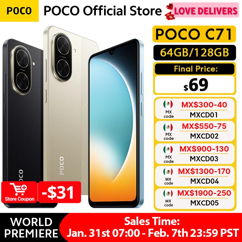 Global Version POCO C71 UNISOC T7250 Processor Immersive 6.88" Display 32MP Al Dual Camera 15W Charging 5200mAh Battery