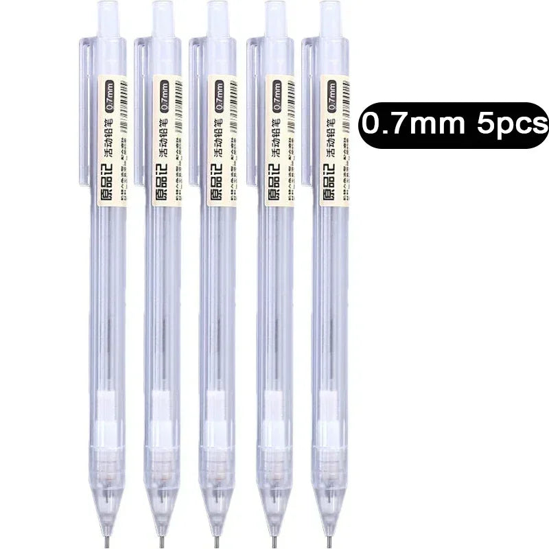 Lot de 5 porte-mines blancs automatiques simples 0,5/0,7 mm pour étudiants, fournitures scolaires, accessoires de bureau, papeterie
