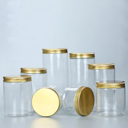 15 Sizes Clear Plastic Jar With Pink Aluminum Lids Empty Face Cream Cosmetic Container Gold Travel Refillable Bottles Box