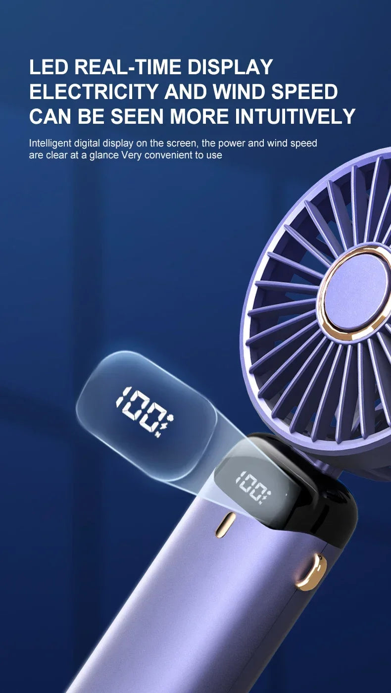 Mini ventilateur portable 3000 mAh pliable, à poser sur un bureau, à suspendre autour du cou, 5 vitesses, rechargeable par USB, support de téléphone, écran d'affichage