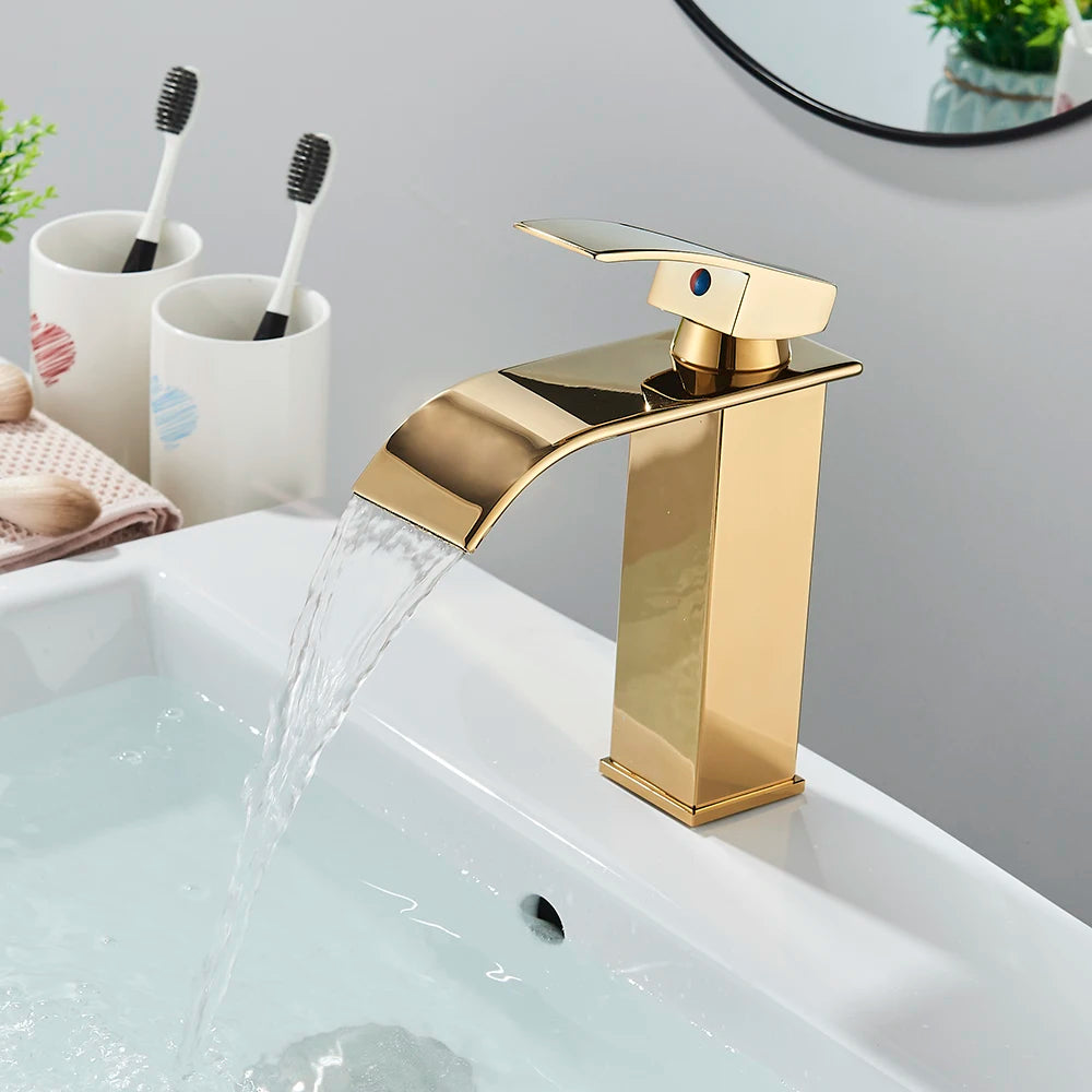 Robinet de Lavabo Doré Brossé, Élégant Robinet Cascade pour Salle de Bain, Mitigeur Monocommande en Laiton à Fixation sur Plan
