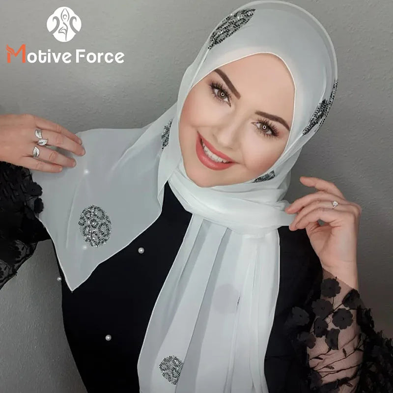 Turban instant musulman Strass Blanc Mousseline Hijab Abaya Hijabs pour femme Abayas Jersey Écharpe de tête scintillante Robe Femmes Turbans