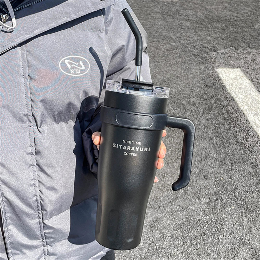 1 Stück Edelstahl-Eisbecher 1,14 Liter Isolierbecher mit Griff und Strohhalm Hält 24 Stunden kalt Auto-Isolierbecher Kaffee Wasser