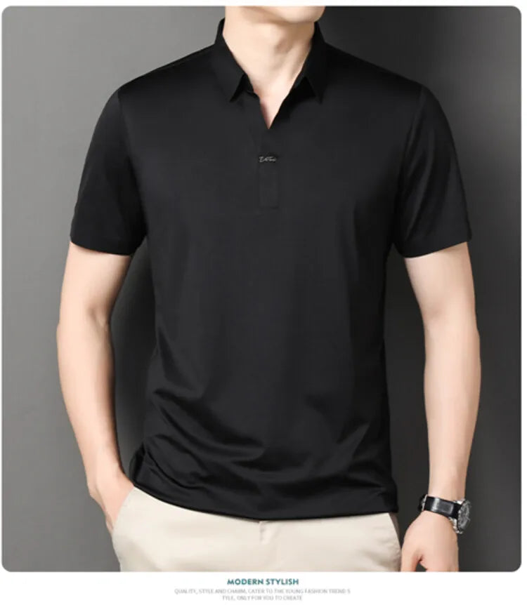 Polo 2024 de haute qualité, extensible et élastique, Chemise à manches courtes pour hommes, style décontracté, Col en V sans coutures, Polo pour hommes M-4XL