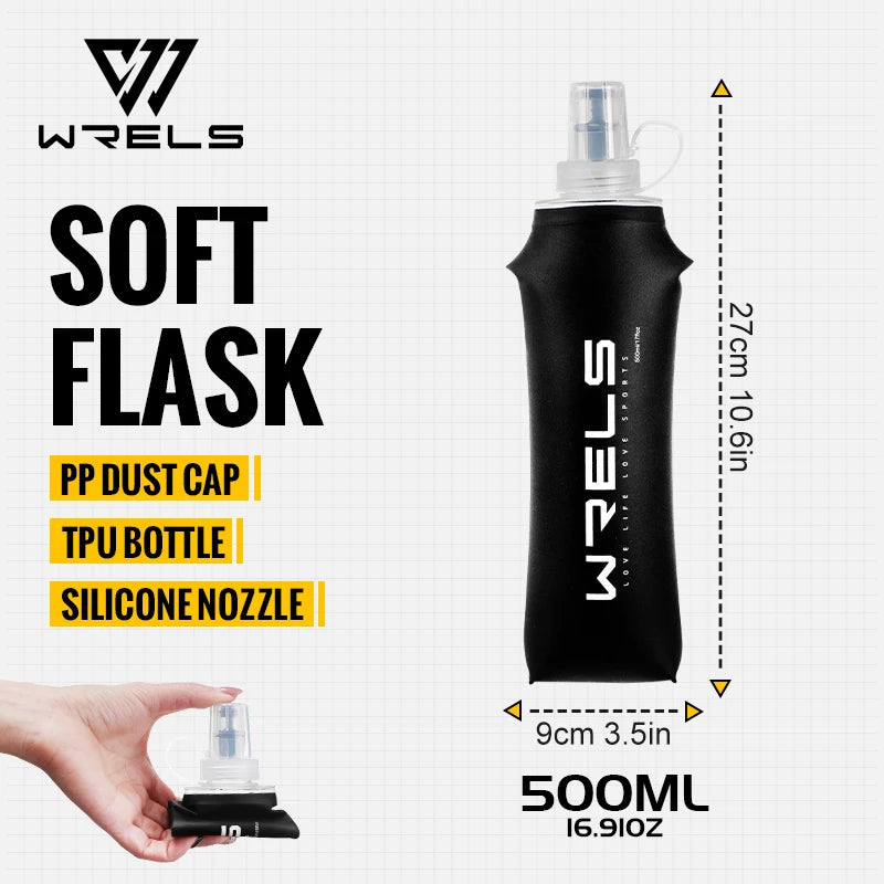 WRELS Trinkflasche TPU Faltbare Soft Flask Outdoor Sport Wasserbeutel Faltbare Trinkflasche 500ml für Laufen Camping BPA-frei