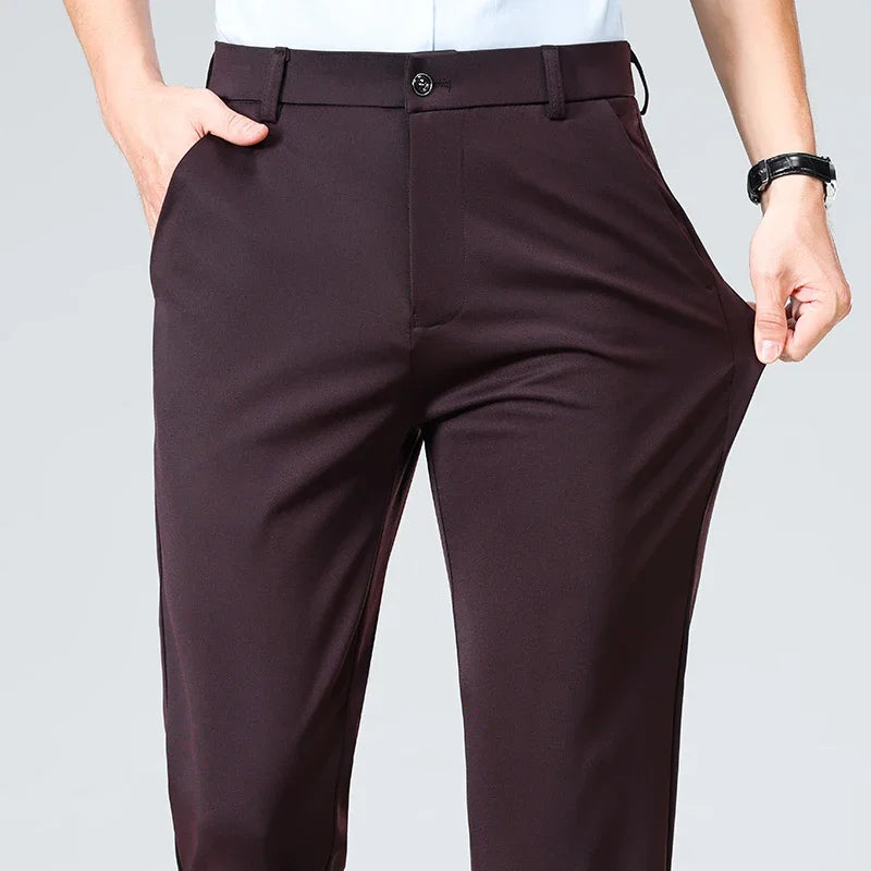 Pantalon Homme Printemps Été Coupe Droite Fin Costume de Ville Habillé Travail Décontracté Business Noir Rouge Vin Pantalon Long