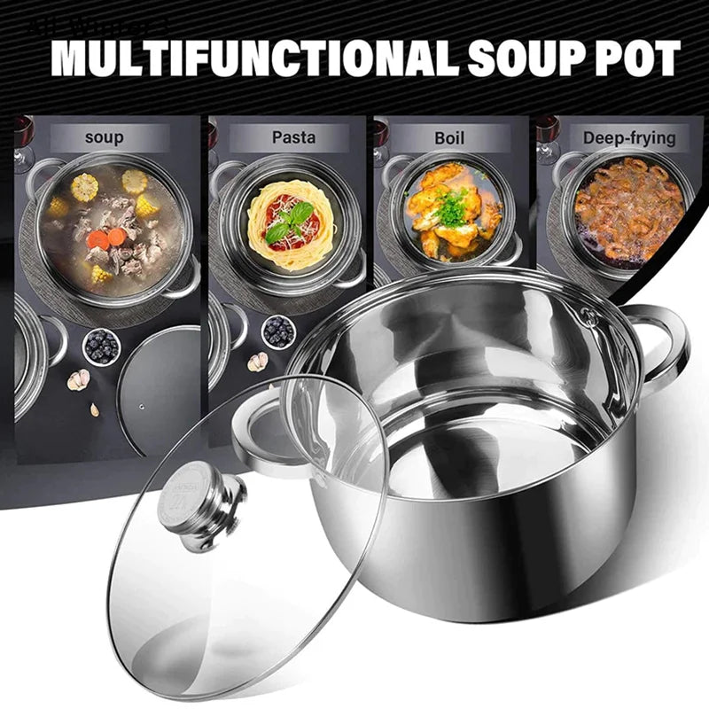 【R】Stainless Casserole Cookware Double Handle Soup Pot With Glass Cover For Induction Cooker Cooking