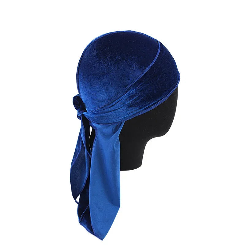 Neue Unisex Samt Durags Bandana Turban Hut Männer Frauen Atmungsaktive Lange Schwanz Piratenhüte Mütze Hip Hop Stirnband