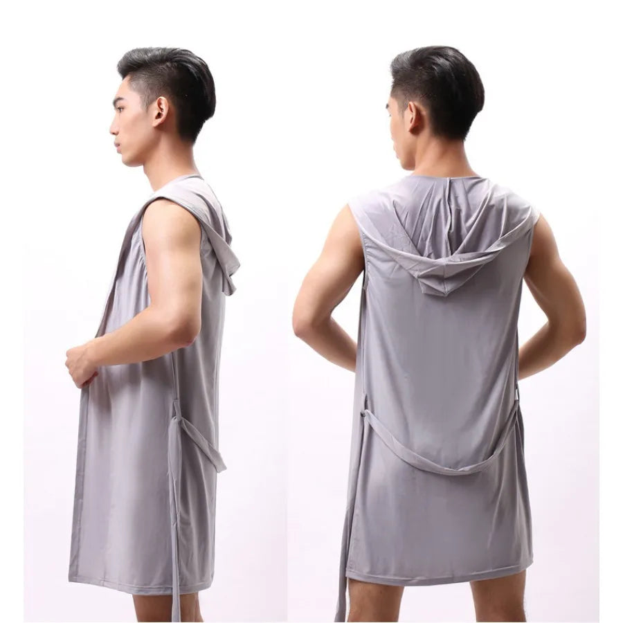 Sexy Nachtwäsche Herren Bademäntel Weich Seidig Ärmelloses Nachthemd Herren Homewear Morgenmantel Herren Pyjamas (Keine Shorts)