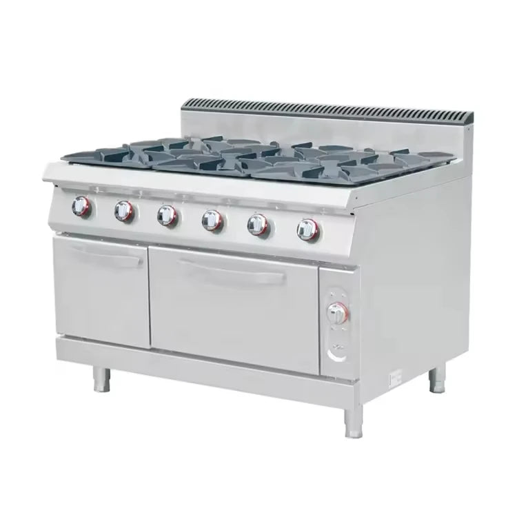 Cuisinière à gaz commerciale avec four, 4/6/8 brûleurs, en acier inoxydable pour restaurant et hôtel