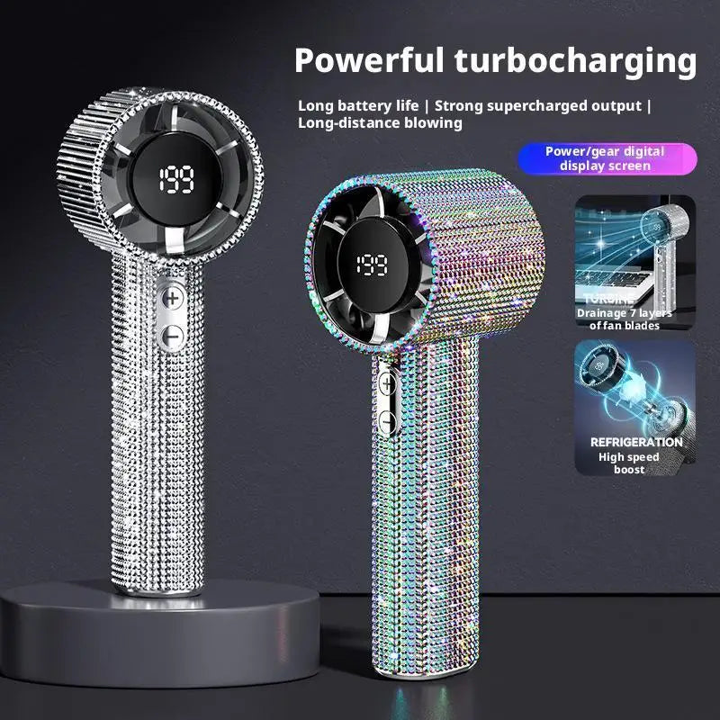 1 Stück Luxus Diamant Handheld Mini-Ventilator 199-Gang einstellbar Tragbarer Handheld Turbo-Ventilator Outdoor Digitalanzeige Elektrischer Ventilator