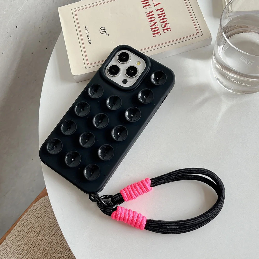Suction Cup Phone Case For iPhone 16 Pro Max Case iPhone 17 13 11 12 14 15 Pro Max 14 Plus Wrist Strap Bracelet Lanyard Cover