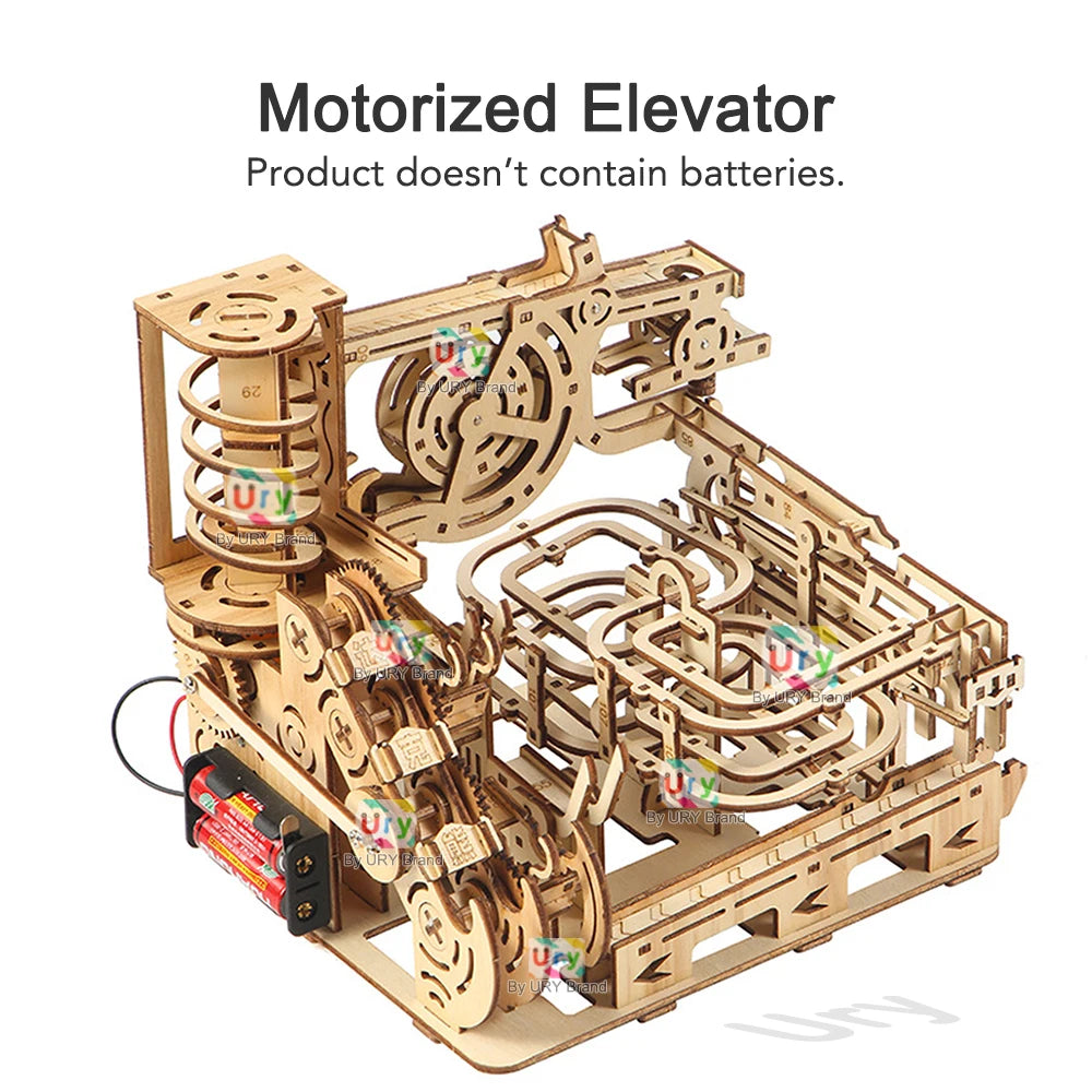 Ury 3D Wooden Puzzles Marble Electric Catapult Track Device Set Mechanical Model Science Maze 7 Balls Assembly Toy for Kids Gift