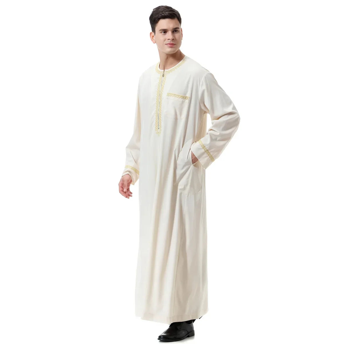Jubba Thobe Homme Musulman Imprimé Fermeture Éclair Kimono Longue Robe Saoudienne Islamique Musulman Vêtements Abaya Caftan Islam Dubaï Robe Arabe