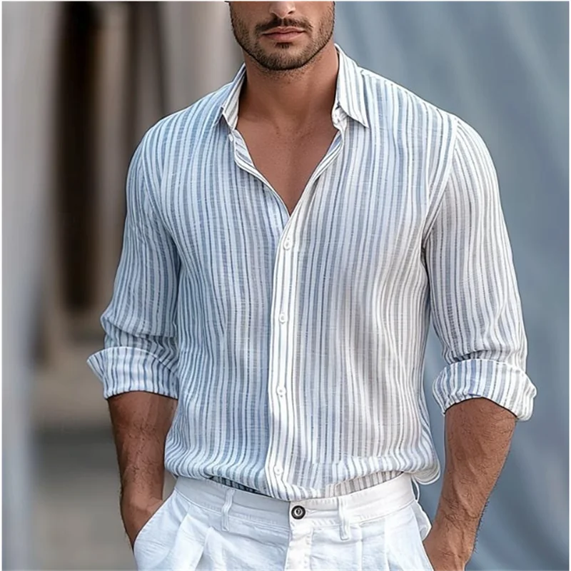 Gestreiftes Business-Casual-Herrenhemd mit 3D-Druck, Straßen-Freizeitkleidung, Frühling und Sommer, Revers, Langarm, 5XL, Stretchstoffhemd