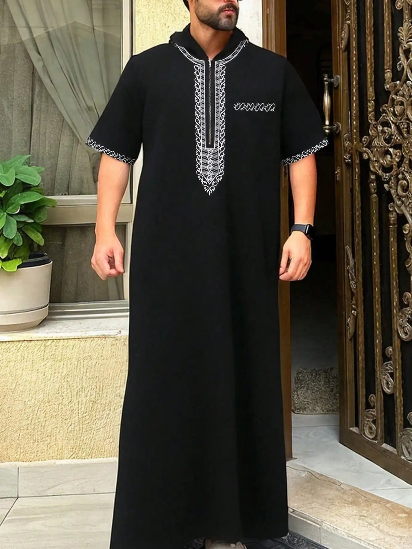 Moroccan men's thobe, long sleeve ethnic style embroidered stand collar zipper design Muslim men's fashionable Abaya Arabic fest