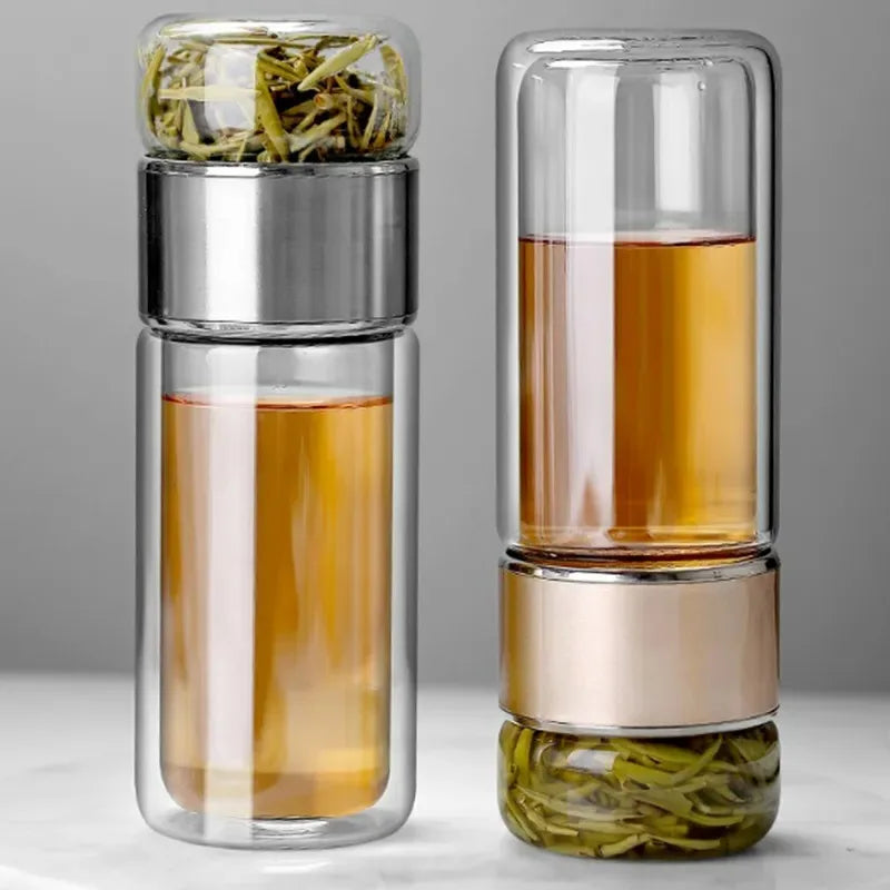 Bouteille d'eau à thé 420 ml en verre borosilicate double paroi avec infuseur pour thé, tasse à thé, gobelet, boisson avec filtre à thé