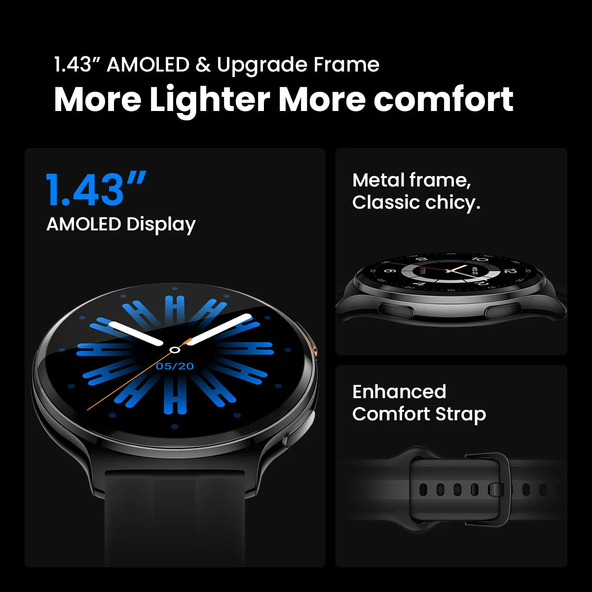 HAYLOU Solar Lite 2 Smartwatch 1,43 Zoll AMOLED-Display 24h Gesundheitsüberwachung 150+ Sportmodi Sprachanrufe Smartwatch 1ATM