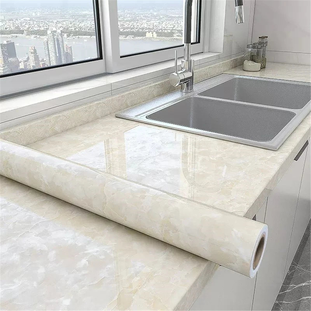 Papier Adhésif Marbre Rose Brillant Auto-Adhésif Comptoir de Cuisine Papier Peint Granit Imperméable Anti-Huile Autocollant pour Décoration d'Intérieur