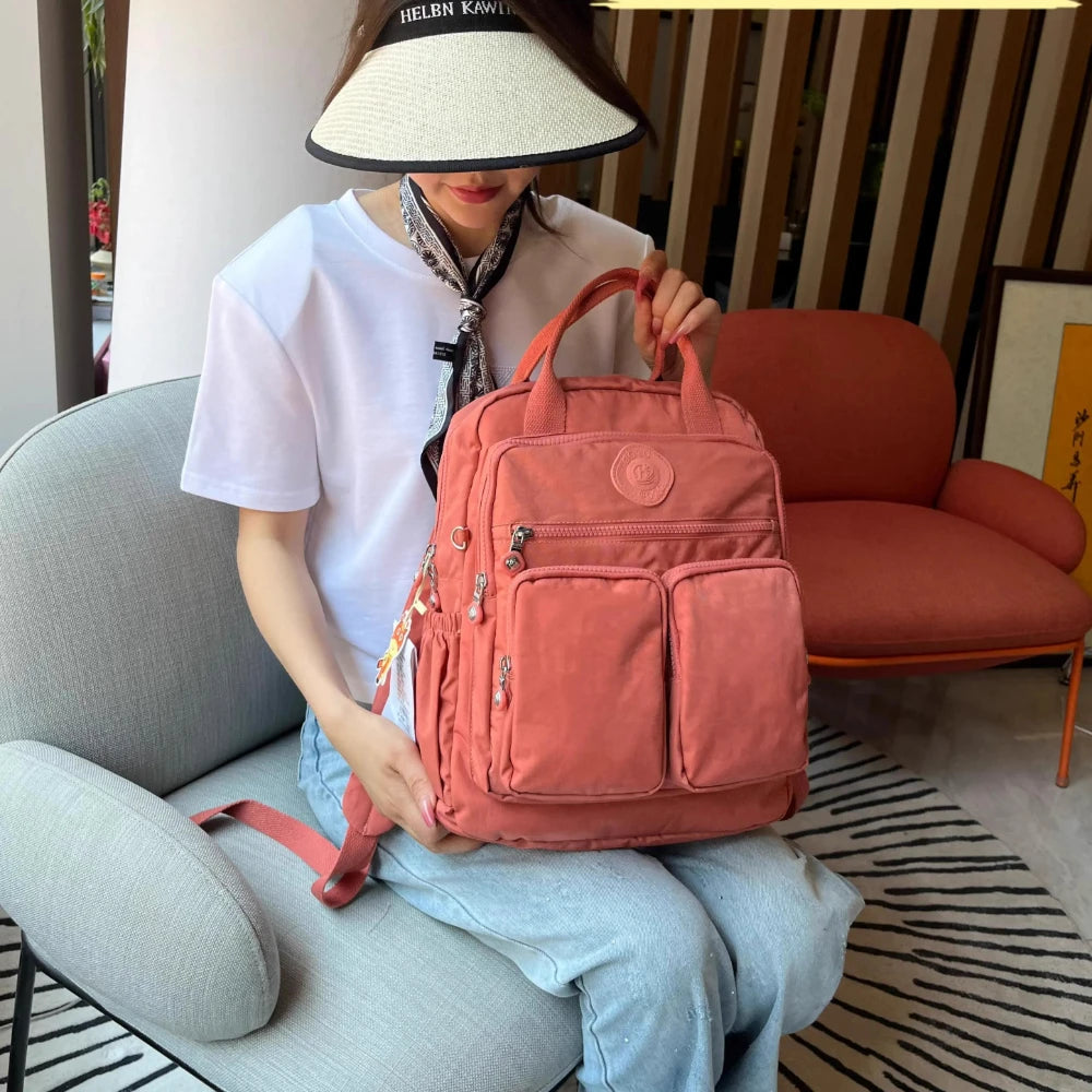 Fashion Multi-pocket Woman's Backpack Soft Handle Solid Color Nylon Travel Backpack Lightweight Casual School Backpacks