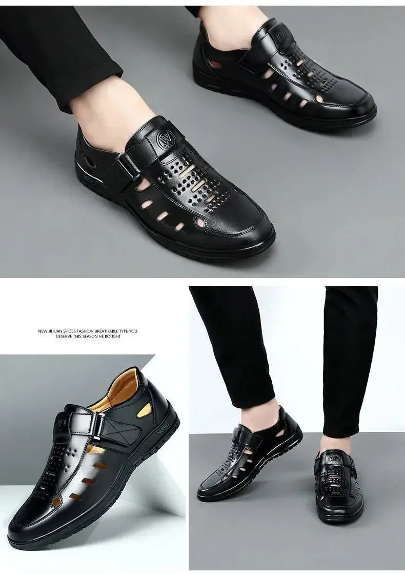 Sandales Homme en Cuir Véritable Chaussures Décontractées Respirantes d'Été pour Homme Sabots à Enfiler Extérieur Antidérapantes Faites à la Main Sandales