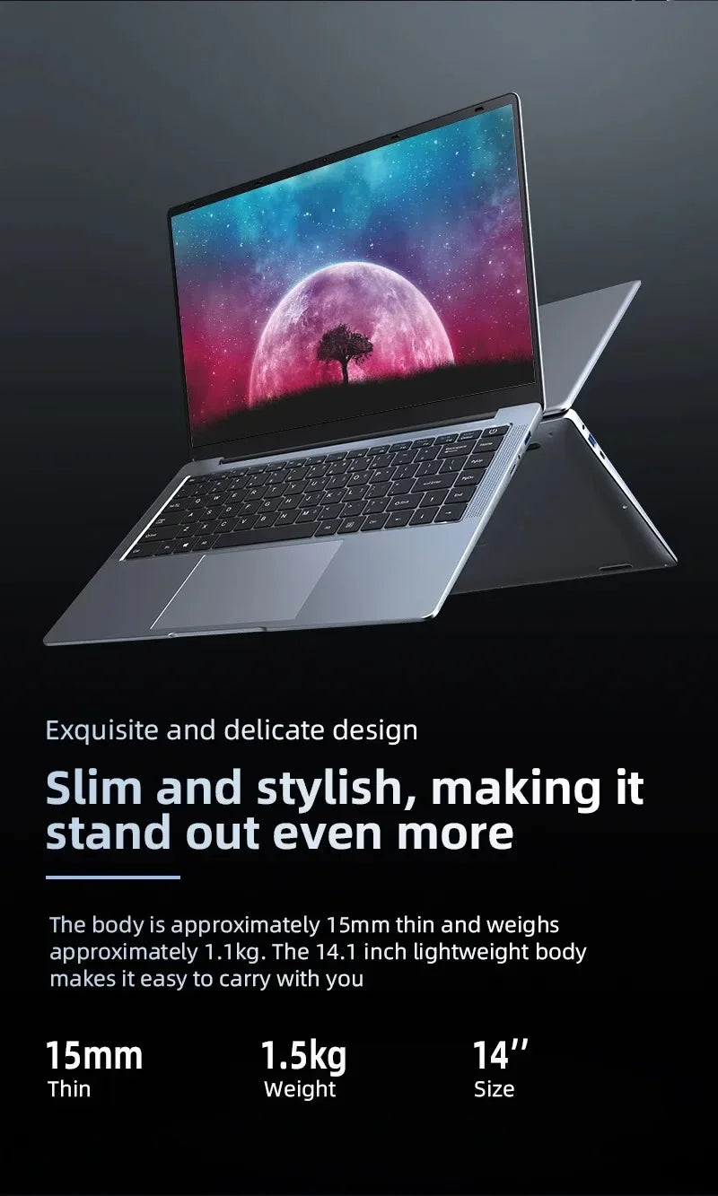 New Ultra Slim Laptop 14.1" 16GB RAM 2TB SSD Intel Pentium 4405U Notebook Gamer 1920*1080 Display Office Study Computer PC