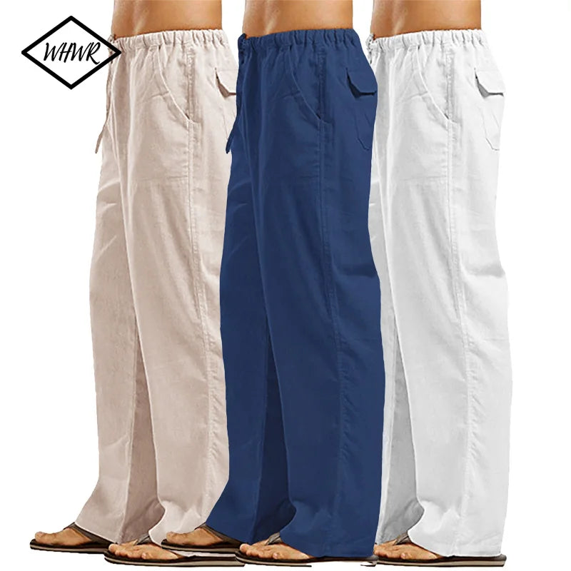 Herren Baumwolle Leinen Lange Hose Leicht Kordelzug mit Taschen Bequeme Gerade Bein Freizeithose für Sommer Strand